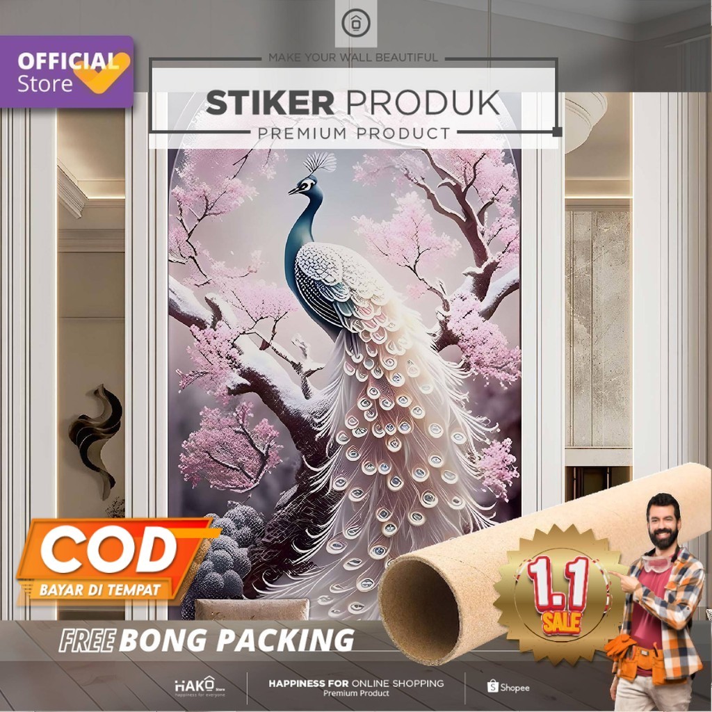 Stiker Dinding | Stiker Dinding Merak Bunga 3D | Stiker Dinding Motif Merak 3D | Stiker Dinding Gamb