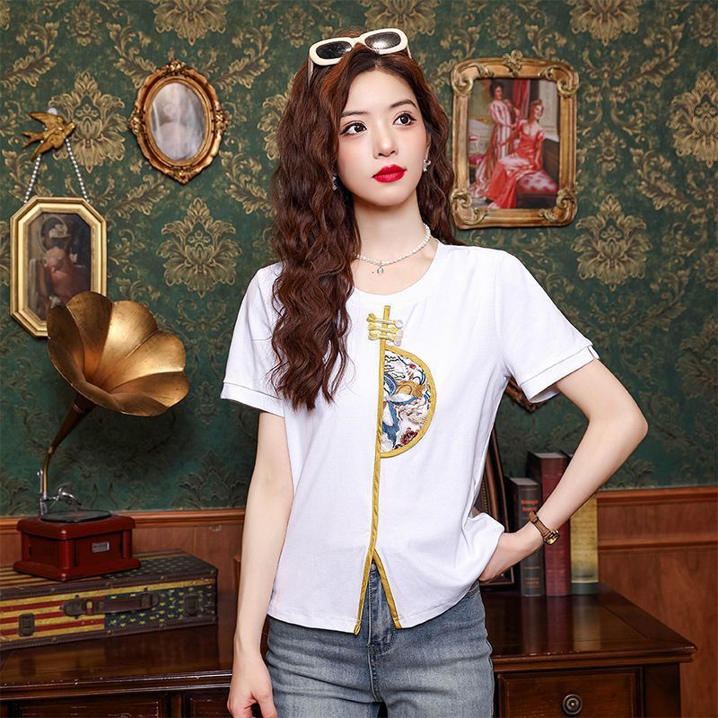 Atasan blus katun bordir putih wanita lengan pendek Cina baru