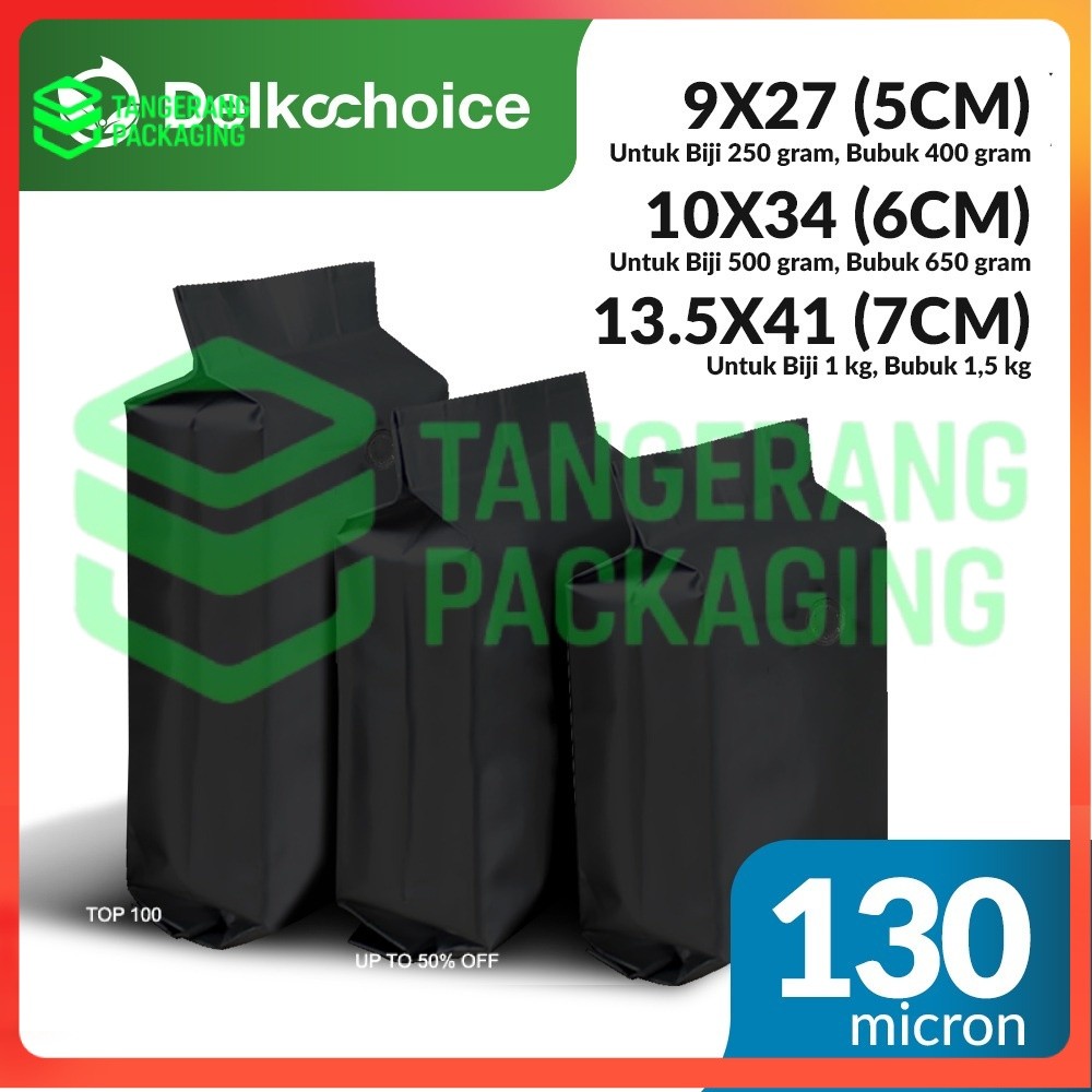 Kemasan Aluminium Gusset Hitam Bungkus Kopi Bubuk +Valve 250gr-1kg
