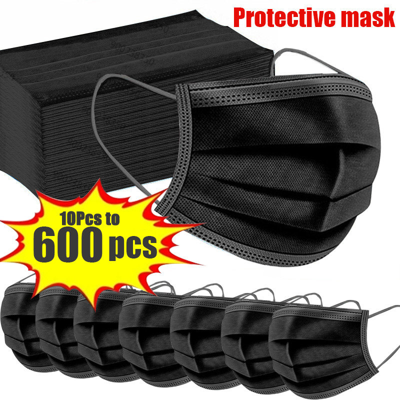 10-600pcs Masker Bedah Sekali Pakai Bersertifikat Warna Hitam untuk Dewasa, Masker Medis Aman, Maske
