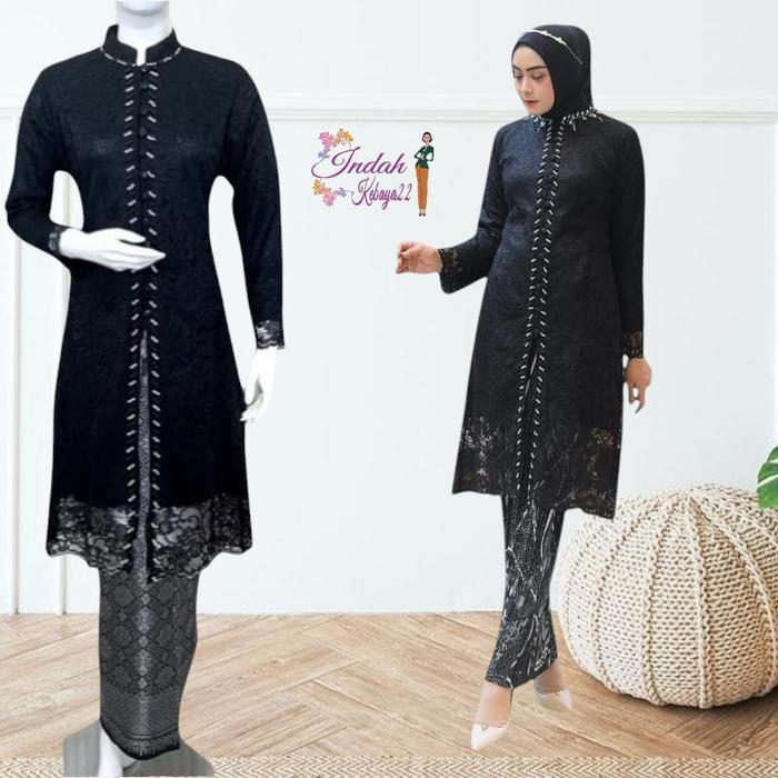 Setelan Kebaya Tunik Brokat Kancing Payet Kebaya Kurung Melayu Mix Songket Dan Plisket Atasan Baju W