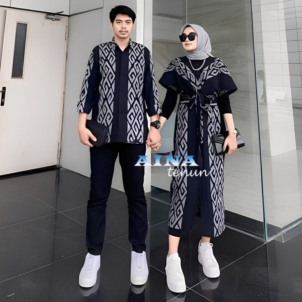 Couple tenun clara motif toraja hitam dress kondangan Aurora maxi couple prewedding batik tenun dres