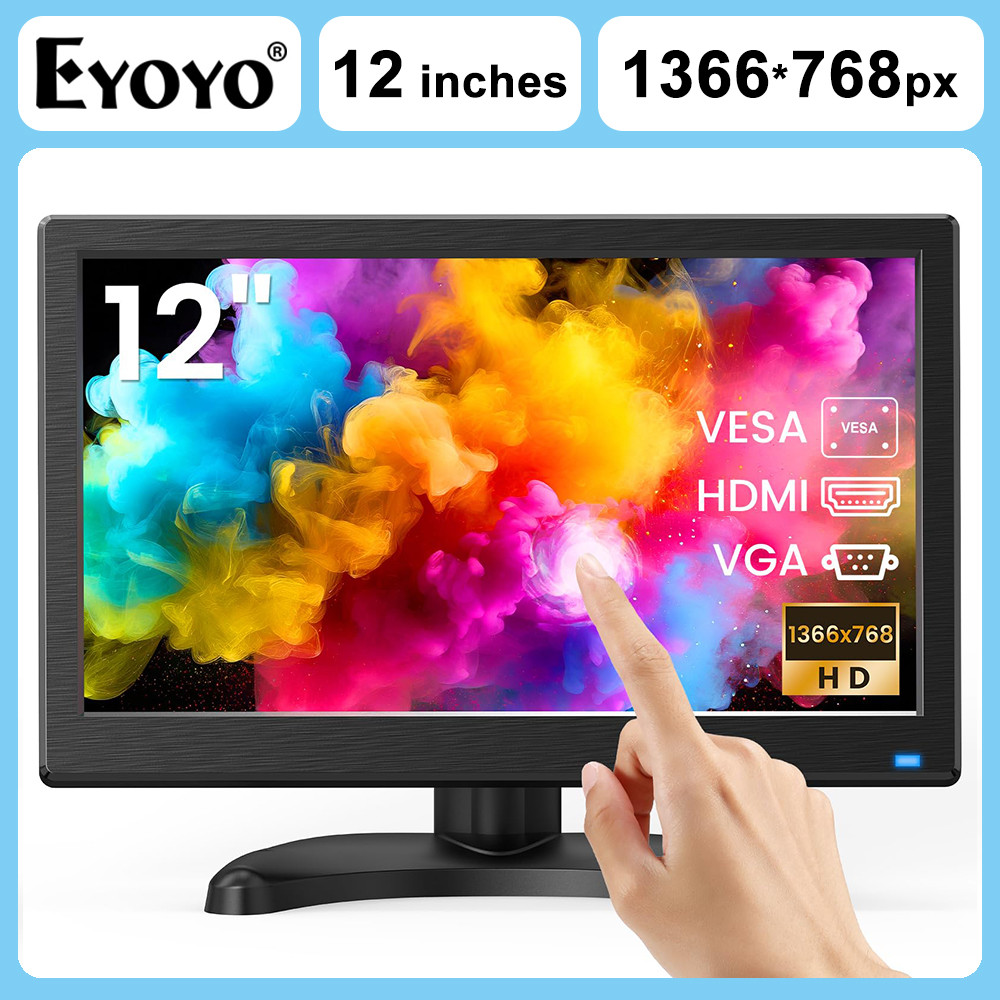 EYOYO 12" LED Computer Monitor Built-in Speaker 1366x768 10-Point Capacitive Tou Screen splay with H