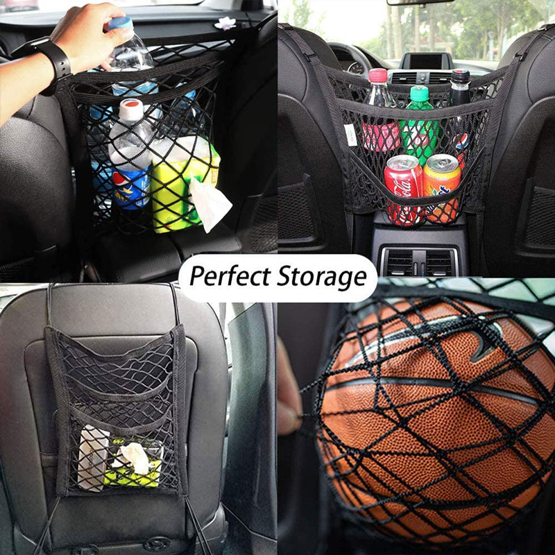 Car Storage Net Bag Between Seats Car Divider Pet Barrier Stretchable Elastic Mesh Bag Organizer Aut