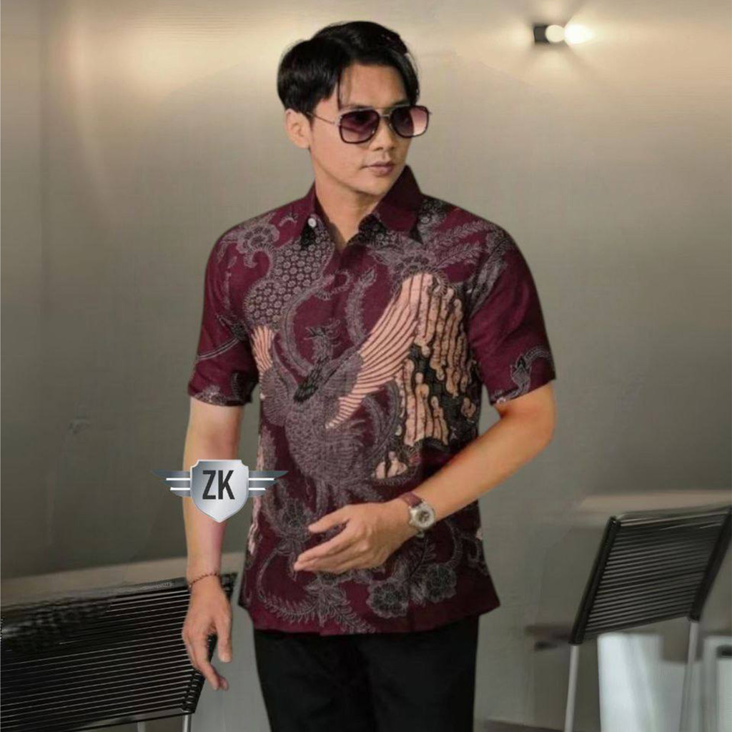 Kemeja Hem Baju Batik Pria Lengan Pendek motif Soang Maron Katun