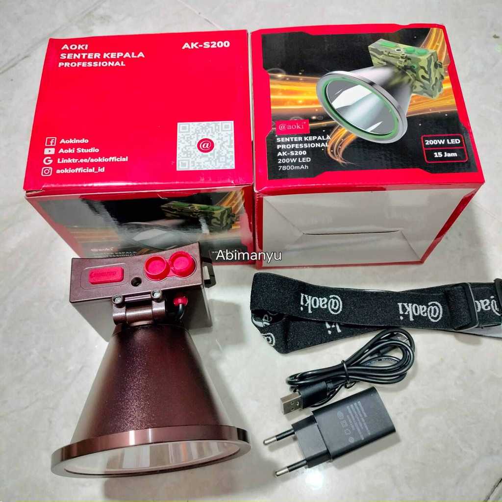 promo discon senter kepala 200 watt LED laser planar 95mm aoki ak-S200 baterai 7800mAh tahan hingga 