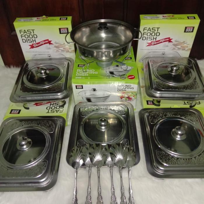 PROMO Tempat Makan Prasmanan set tutup batik / semi kaca bahan stainless isi 5 kotak + 1 bulat merk 