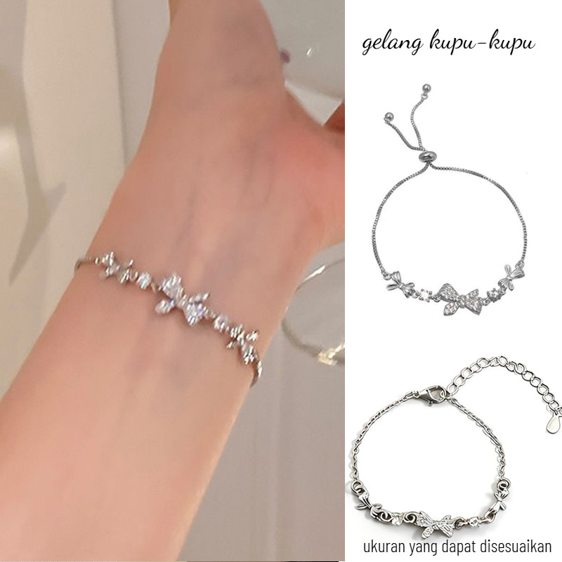 COD Busur Gelang Serut Perak Zirkon Gelang Liontin Korea Fashion Wanita Gelang Bestie