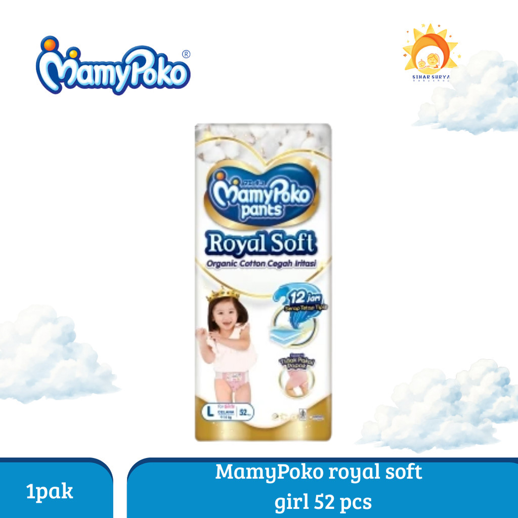 MamyPoko Royal Soft GIRL 52 pcs - Popok Bayi Premium Super Lembut  ukuran L Isi 52