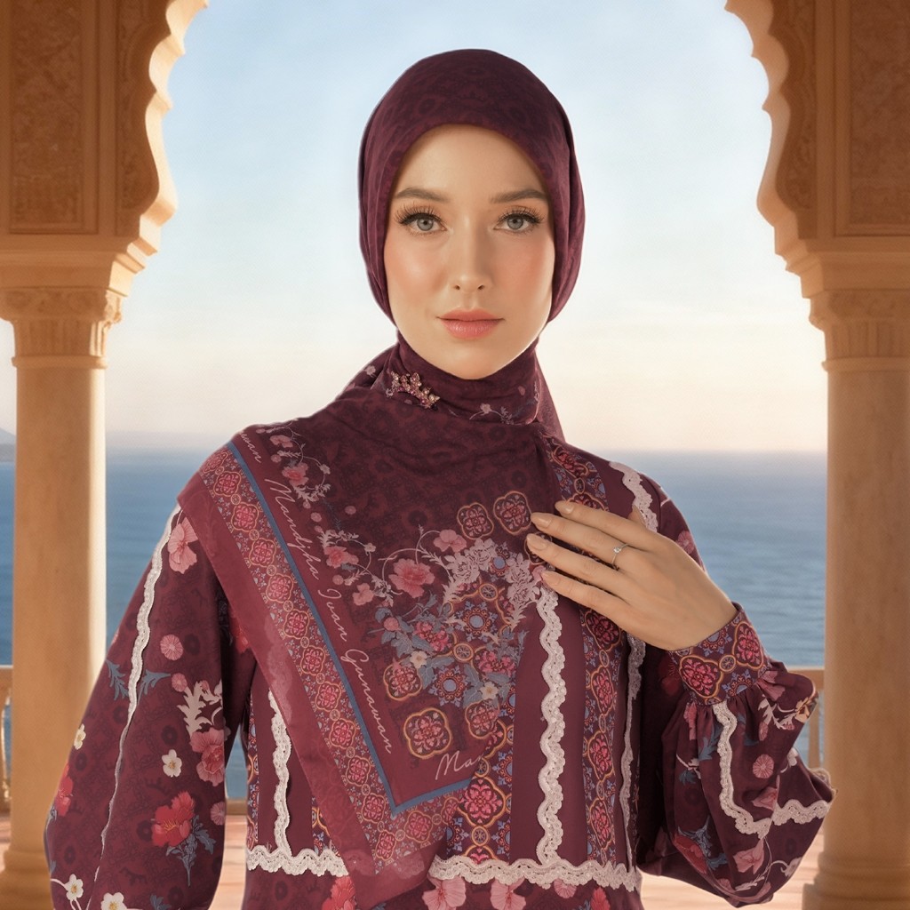 Hijab Segi Empat Motif Lunessa Maroon Scarf Voal Premium by Ivan Gunawan