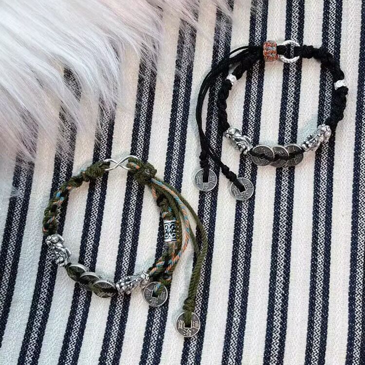 Gelang Uang Lima Kaisar Pixiu Handwoven Retro Tali Tangan Pria dan Wanita