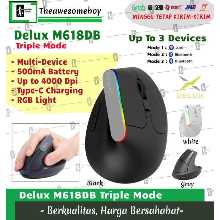 Delux M618C M618DB Dual Mode Bluetooth Wireless Vertical Mouse Silent - M618DB TriMode, White