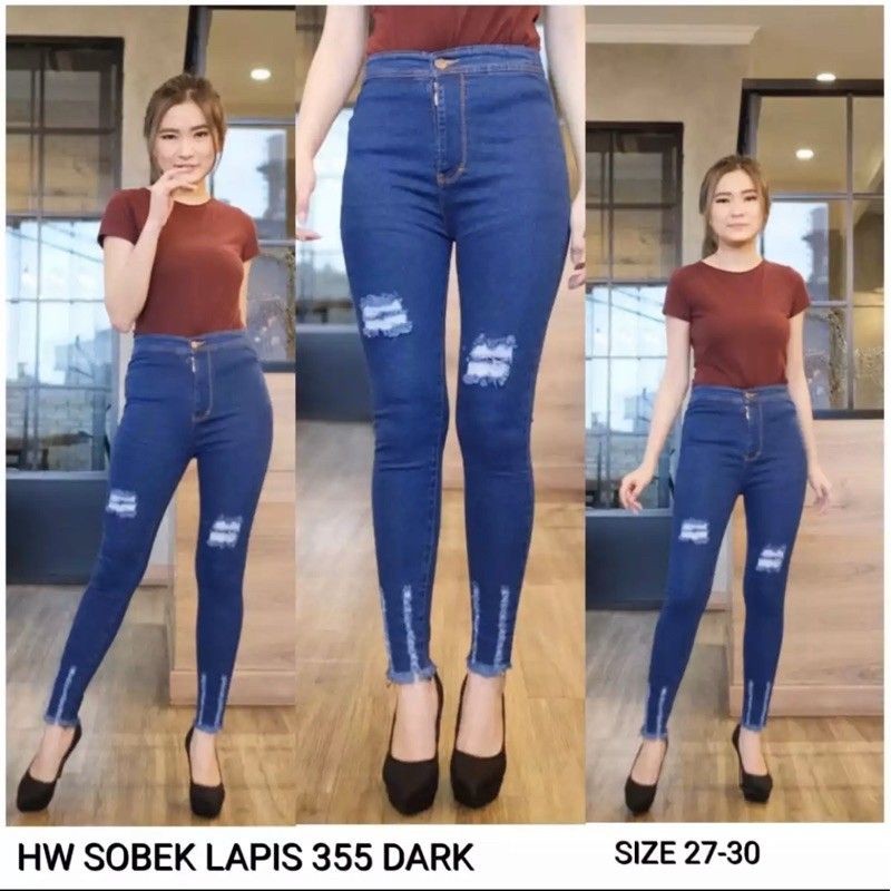 3.3 Highwaist Celana Jeans High Waist HW Sobek Ripped Wanita Tebal mulur Terbaru