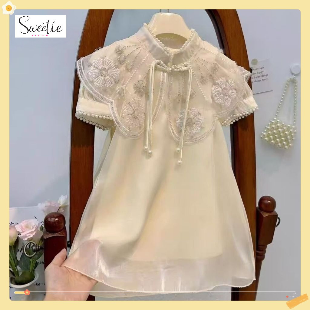 [Sweetie Bloom] Gaun Anak Perempuan Premium Bordir Mutiara Bunga Kerah Mutiara Warna Putih Susu Usia