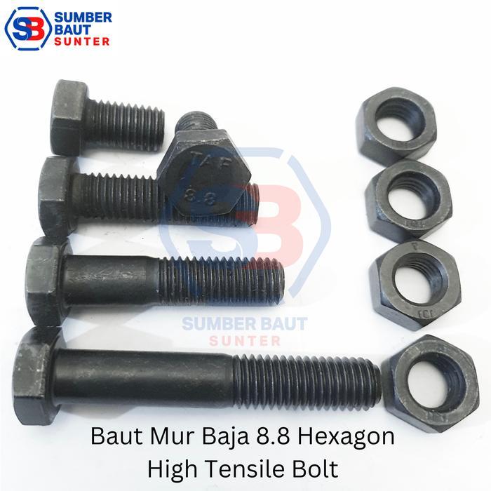 M16x60 Baut Mur Baja 8.8 Hitam Hex HTB High Tensile 16x60