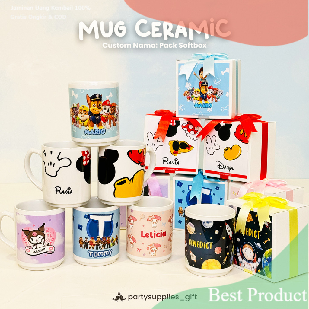 Mug Mangkok Ceramic Custom Nama / Hadiah Ulang Tahun Anak / My Melody - Kuromi - Paw Patrol - Roblox