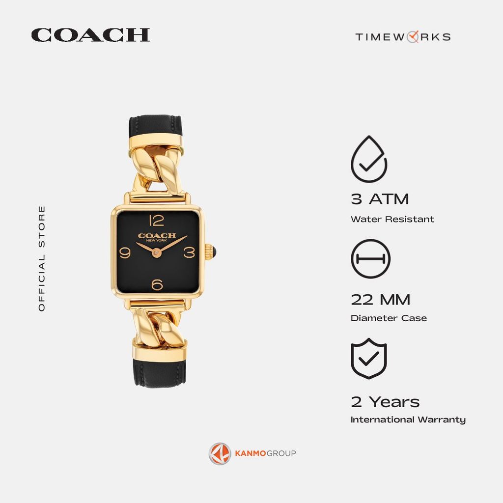 Coach Cass 2 Hands Gold + Black Stainless Steel (IP) + Calfskin Leather Strap - Jam Tangan Wanita - 