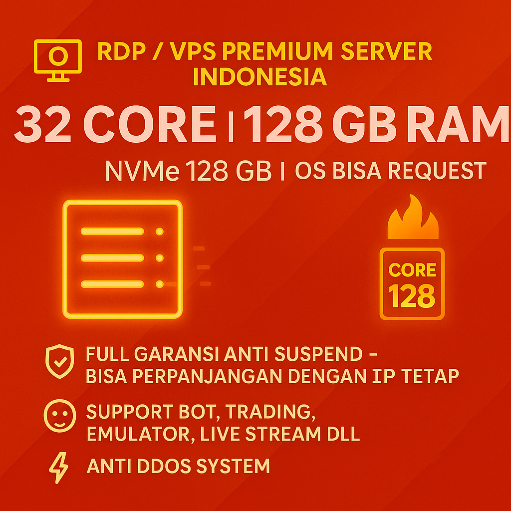 RDP / VPS WINDOWS LINUX RAM 128GB / 32 CORE / 32CORE RAM 128 GB RDP / VPS Indonesia • Server Legal R