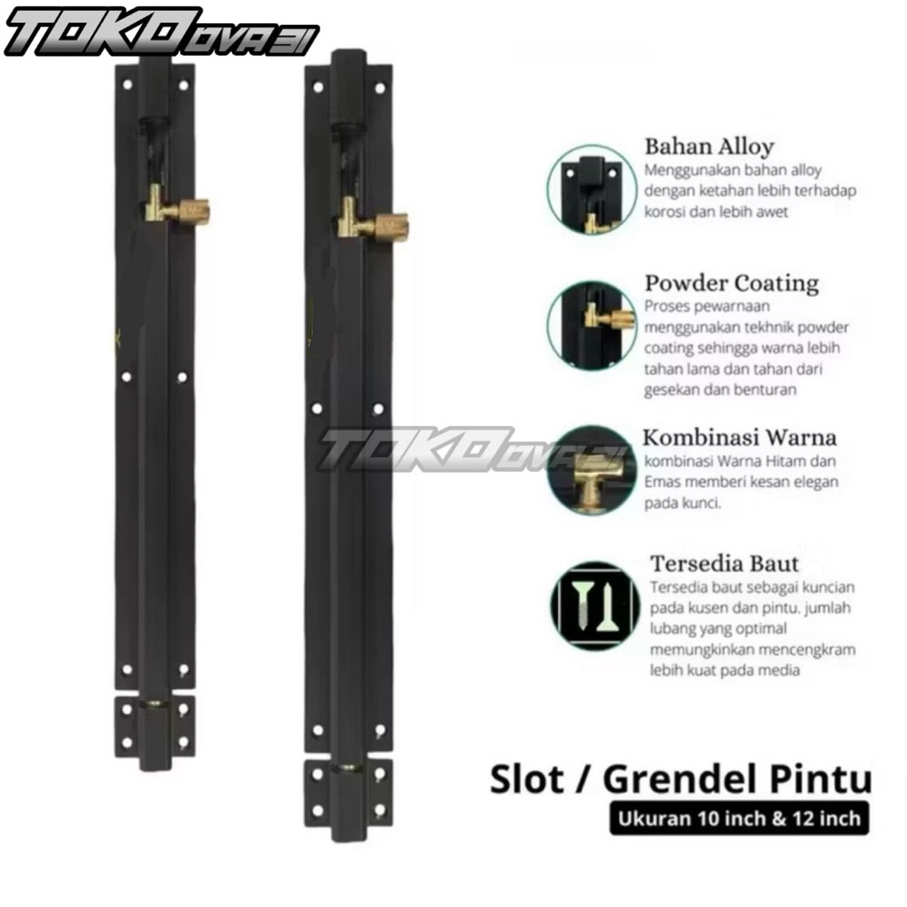 Grendel slot pintu panjang 10-12 inch hitam pengunci tambahan bahan alumunium tebal