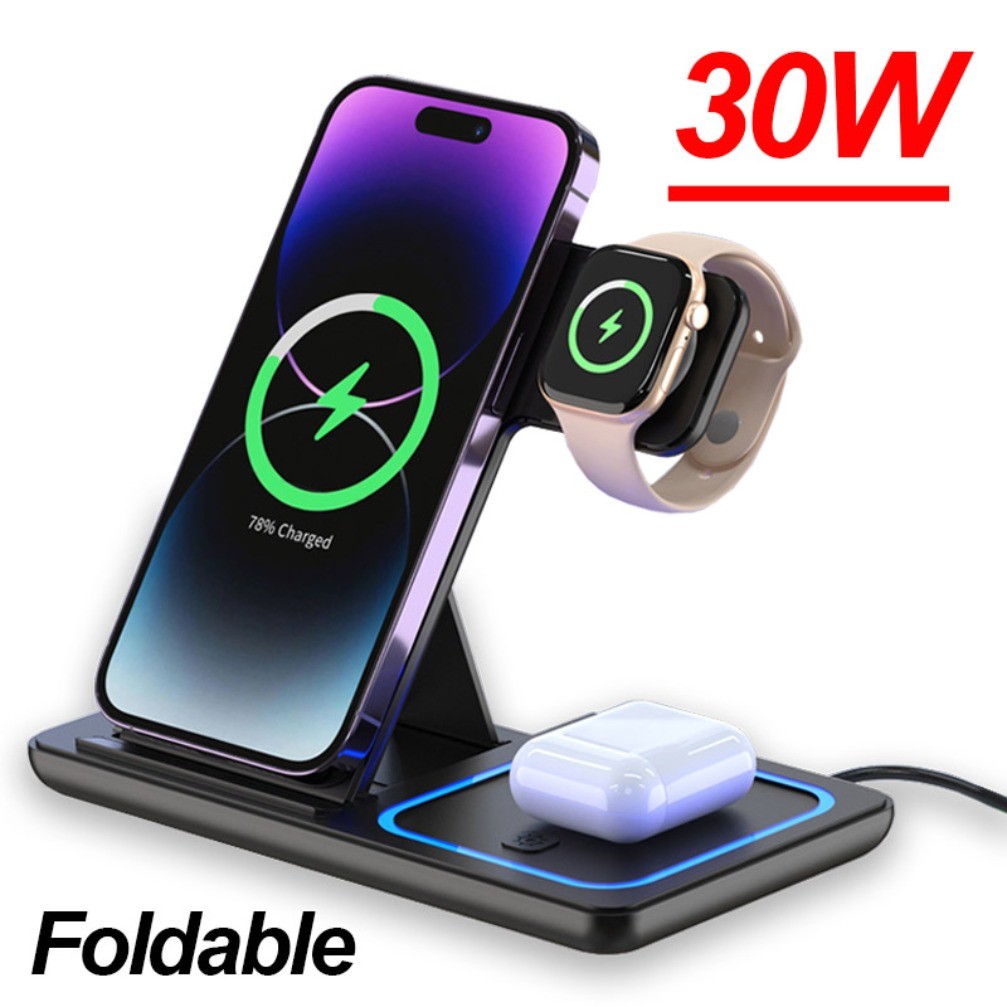 3 in 1 30W Foldable Wireless arging Station for iPhone 16 15 14 13 12 Pro Max iWat Ultra Airpods Pro