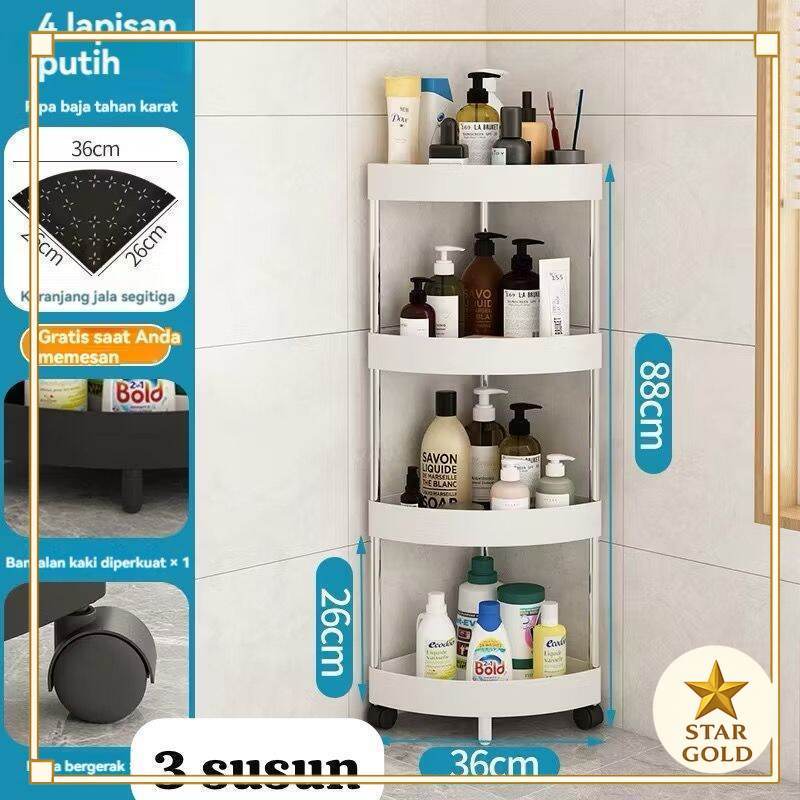 Rak Sudut Plastik 4 Susun Rak Siku Dapur Kamar Mandi Serbaguna dengan Roda Rak Sudut Dapur Plastik 4