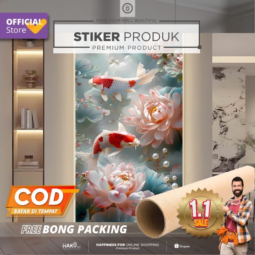 Stiker Dinding | Stiker Dinding Arch | Stiker Dinding Arch Motif Ikan Koi Bunga Teratai Lotus 3D