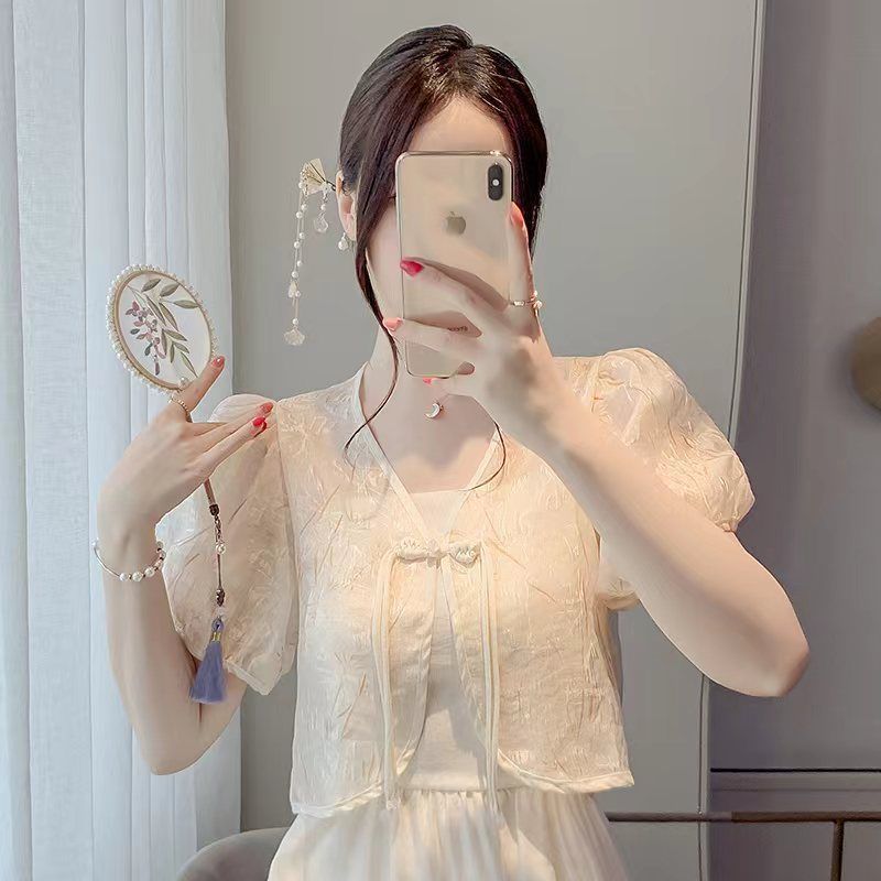 [Bulan Lembut] [COD] Selendang lengan pendek gaya Cina dengan kancing simpul Cina.