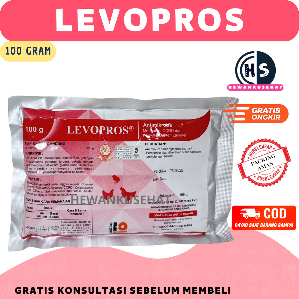 LEVOPROS 100 GRAM VADCO - Obat Ayam Cekrek Batuk Crd Colibacilosis CCRD Salmonella Fowl Cholera Sepe
