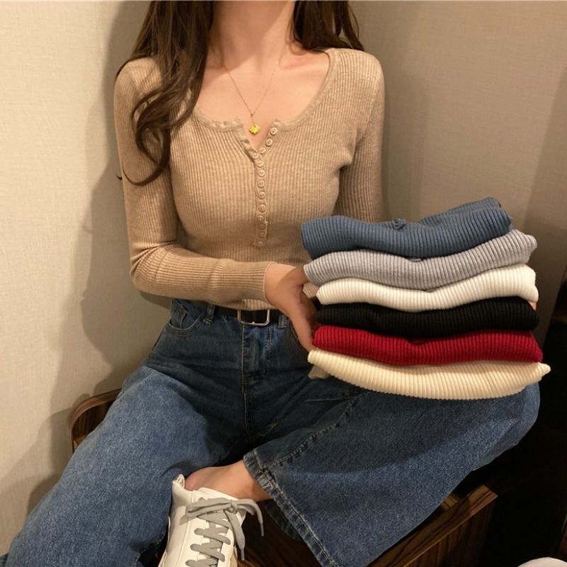 Sweter Rajutan Tipis Wanita Kemeja Bawahan Musim Semi Atasan Korea Ramping