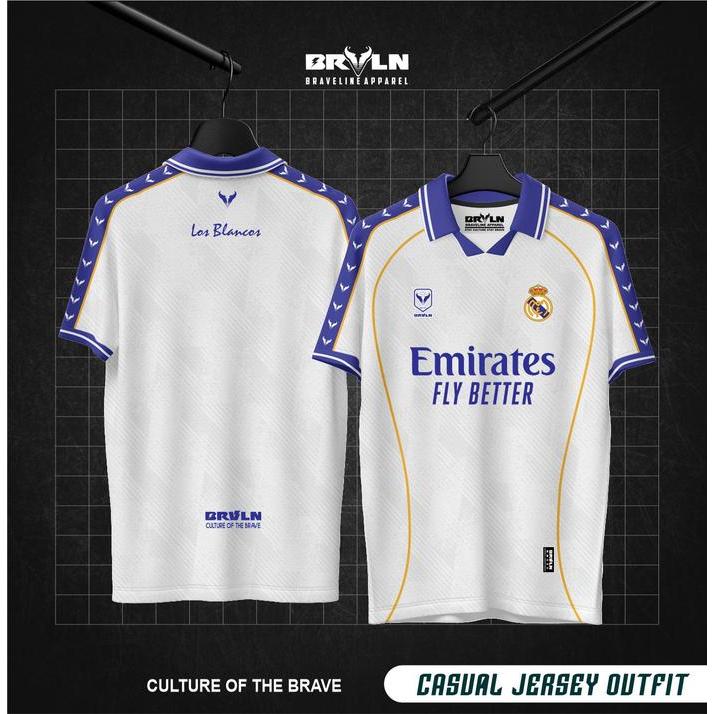 Braveline Apparel Jersey Fantasy Real Madrid Kerah Retro Jahitan Pecah Pola Fullprinting Sublimasi L