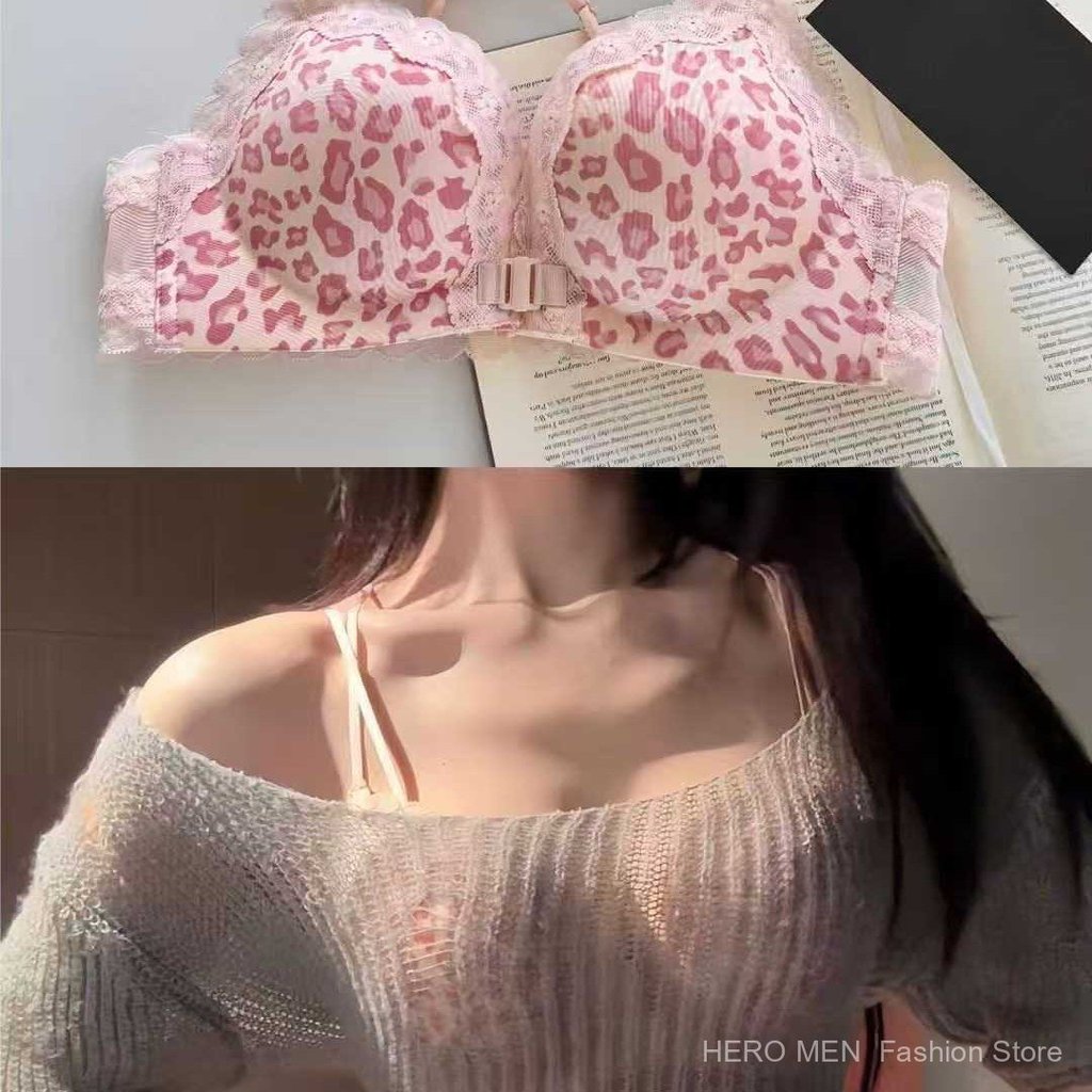Bra dengan kancing depan, bra seksi motif leopard renda dengan tali tipis, bra silang tanpa punggung