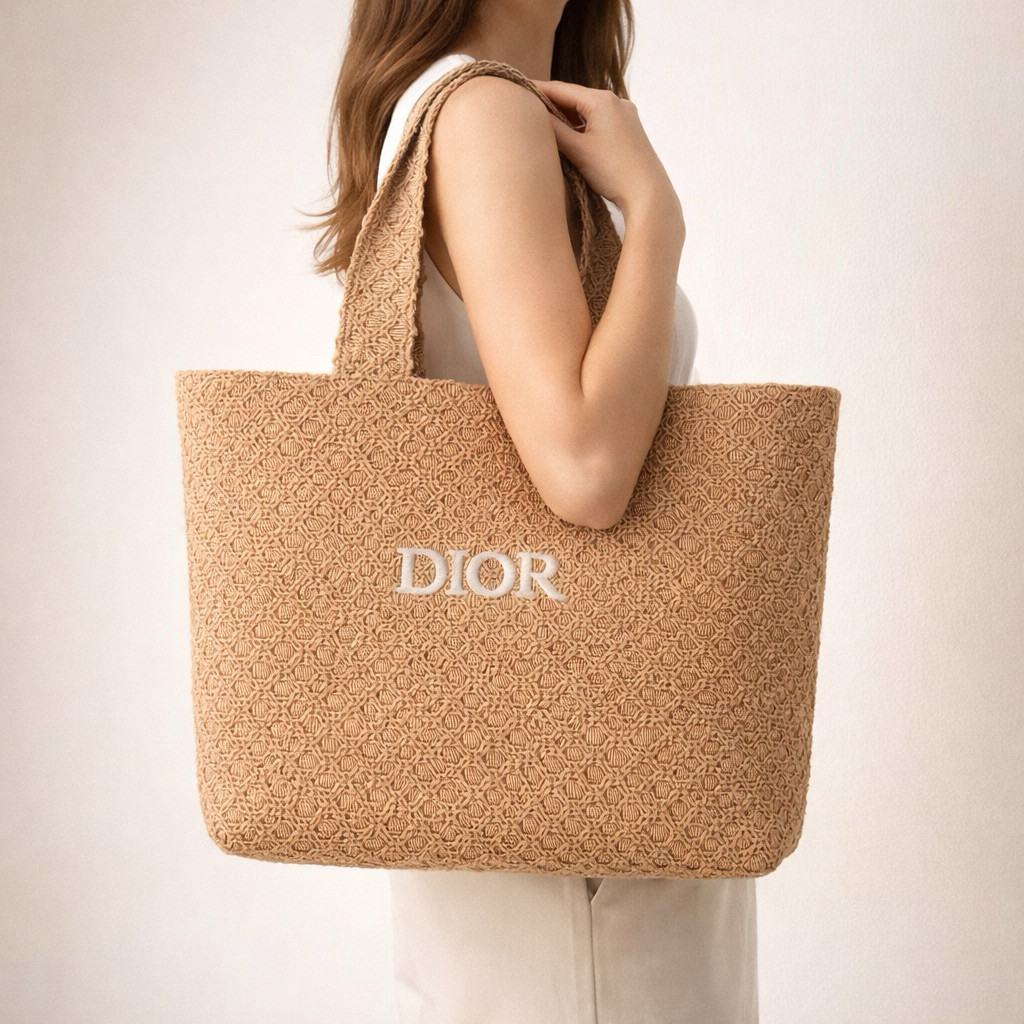 Tas Tote Rattan Anyam Premium Beige Large Capacity Shoulder Bag Wanita GWP Dior Cocok Lebaran