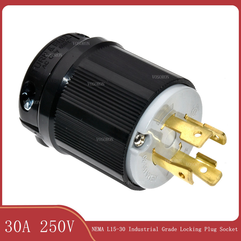 30 Amp, 250 Volt 3-phase, NEMA L15-30P, 3P, 4W, Locking Plug, Industrial Grade, Grounng - Black-Whit