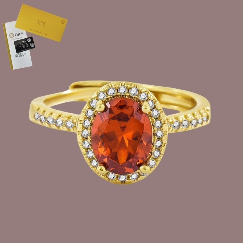 Termasuk Sertifikat GRA Cincin Wanita Lapis Emas Oval 18K 3 Karat Oranye Merah