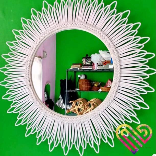 kaca rotan,cermin aesthetic,cermin dinding, cermin ruang tamu mewah - putih, kaca 30cm