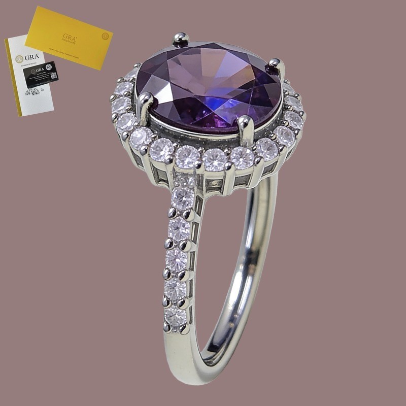 Termasuk Sertifikat GRA Cincin Berlian Wanita Moissanite 5 Karat Berlian Ungu Mewah