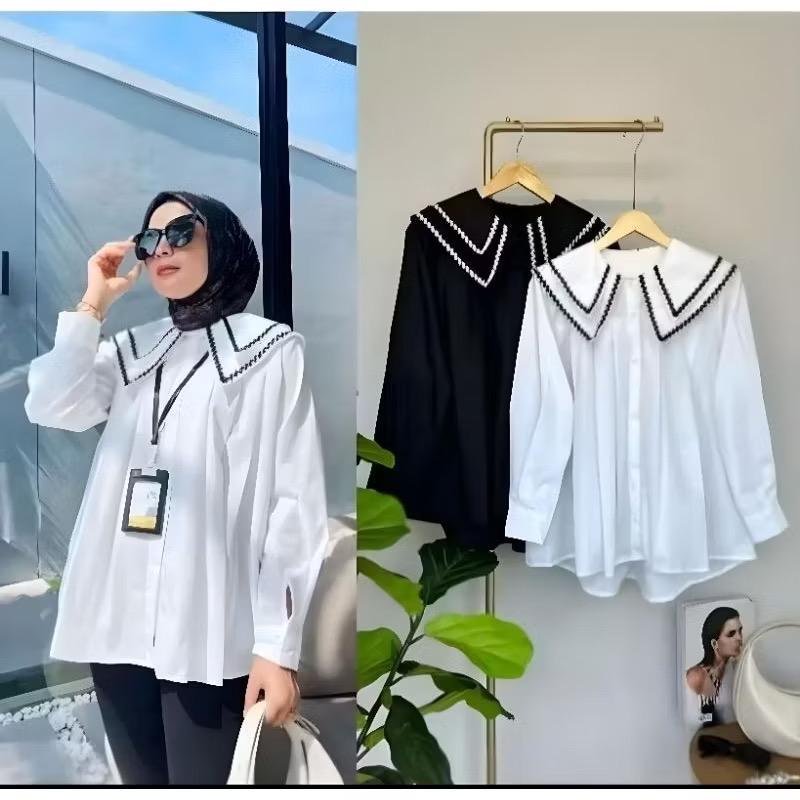 PINKA BLOUSE POLO LINEN / ATASAN KATUN PREMIUM / BLOUSE KOMBINASI KERAH RENDA / BLOUSE RAYON JUMBO