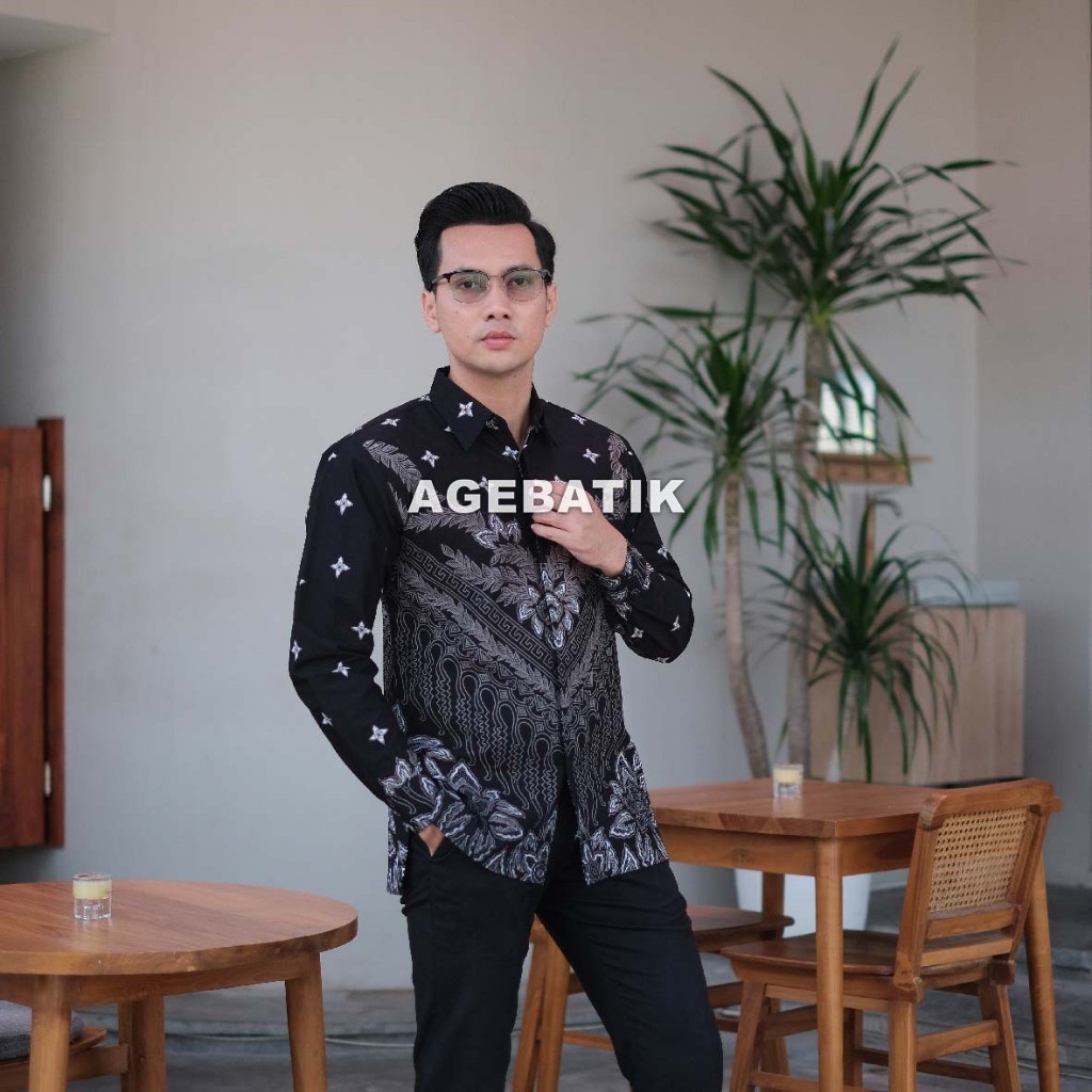 AGEBATIK AGE064 - Kemeja Batik Pria Lengan Panjang/Pendek - Slim Fit - Motif Parang Hitam - Katun Pr