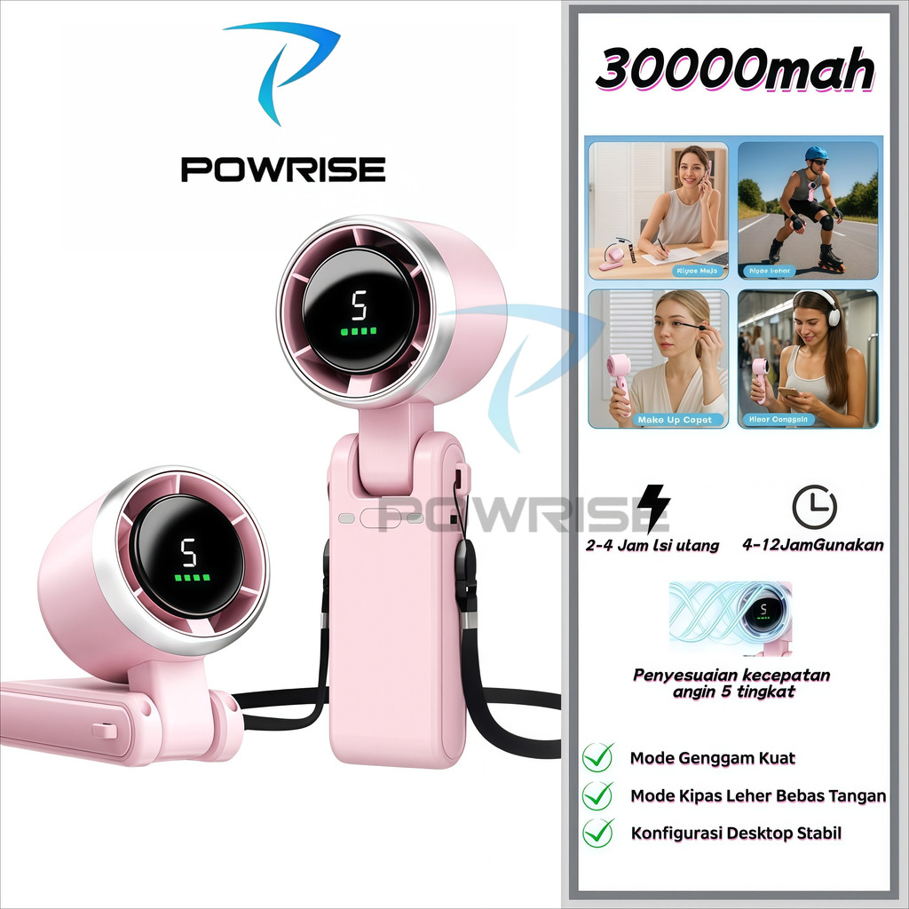 [COD]POWRISE Kipas Angin Mini Portable USB 30000mAh Kipas Lipat 5-Speed Wind LED Display Dengan Untu