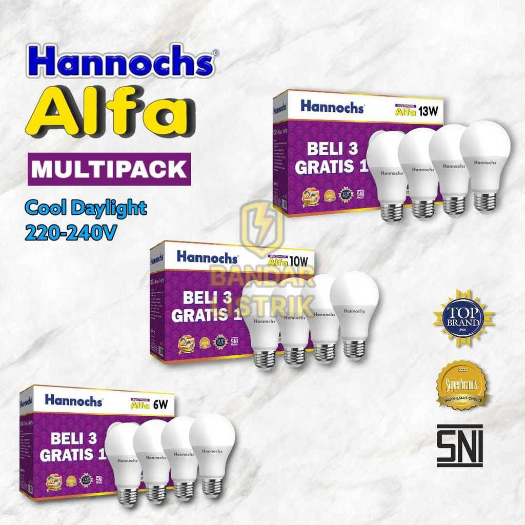 Paket 4 Pcs HANNOCHS Multipack Bohlam Lampu ALFA LED 6 / 10 / 13 Watt CDL Cahaya Putih E27 SNI