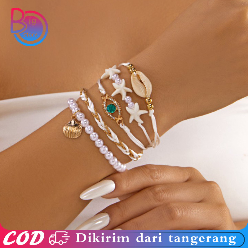 Gelang Anyaman Lima Set Bintang Laut Kerang dan Mata Bohemia