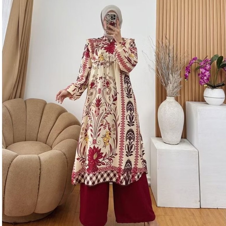 AROFAH ONE SET LONG TUNIK BAHAN RAYON MOTIF FULL BUSUI / ONESET LONG TUNIK MOTIF / Kemeja Tunik Wani