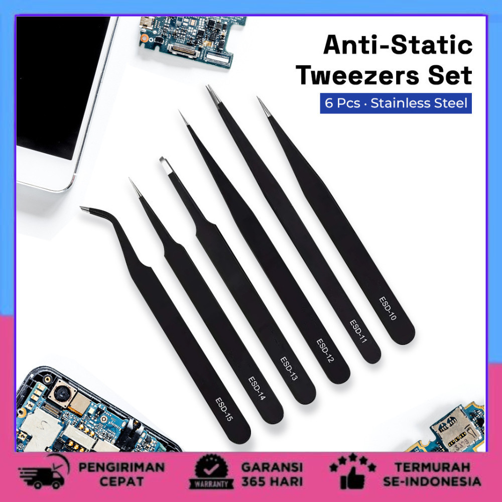 Pinset tweezer stenlis serbaguna isi 3/4/6 pcs /set 6pcs Pinset ESD Anti Static Tebal Stainless