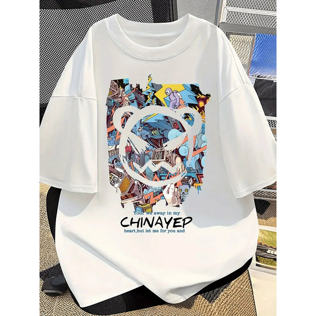 [Kaos Grafis Hip-Hop] Kaos Grafis Hip-Hop Pria| Kaos Crewneck Putih dengan Desain Seperti Graffiti