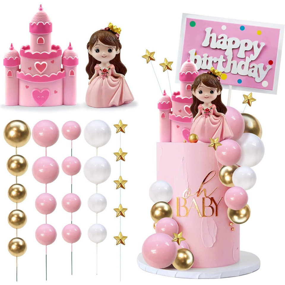 Star Castle Ball Cake Topper Girl Princess Cake Topper Happy Birthday Cake Decoration for Girl Birth