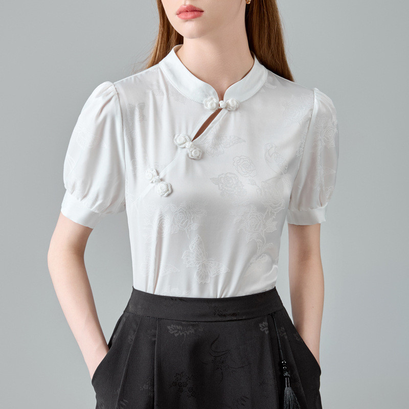 Kemeja Satin Asetat Gaya Cina Baru Gaya Nasional Lengan Pendek Fashionable Blus Mewah