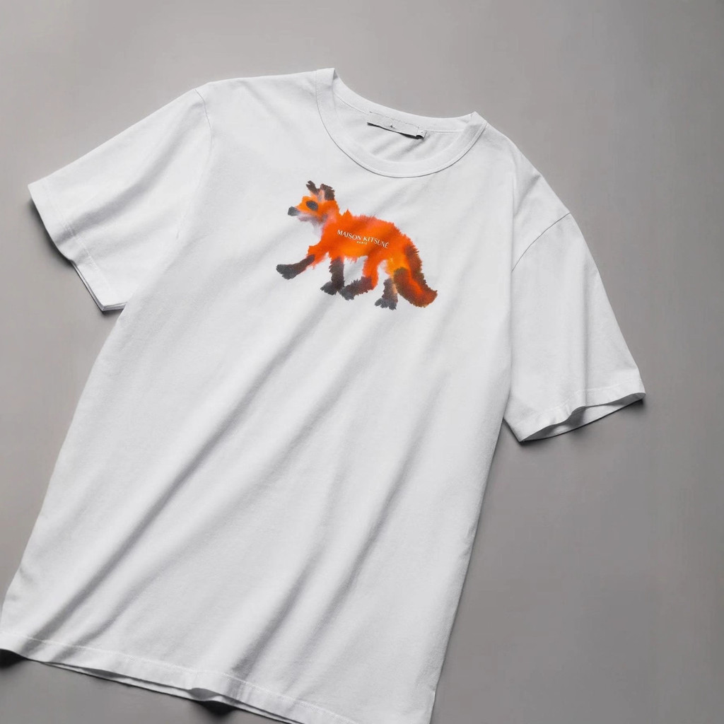 Maison Kitsune Short Sleeve T-Shirt - Unisex Round Neck with Snow Mountain Print