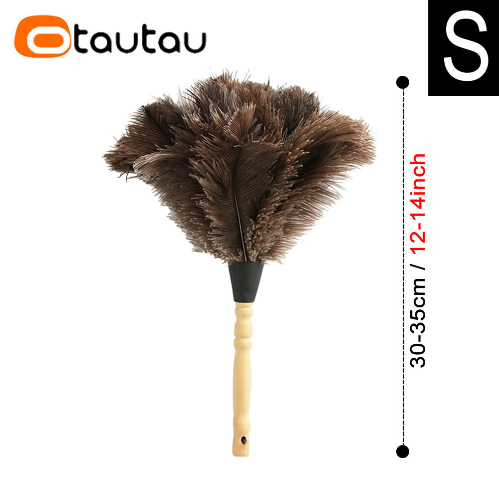 OTAUTAU 100% Real Ostrich Feather Duster Wood Handle Household Car Dust Brush Cleaner House Cleaning