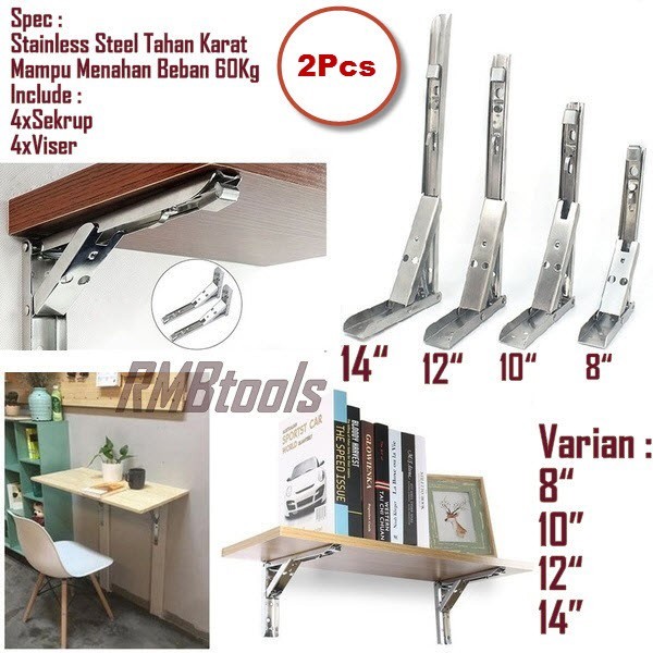 Siku Rak Lipat Bracket Engsel Siku Meja Lipat Dinding Stainless 2Pcs