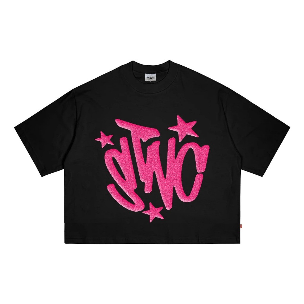 Kaos| Potongan Kotak| Bintang Merah Muda| Hitam| Kalimat  -COD
